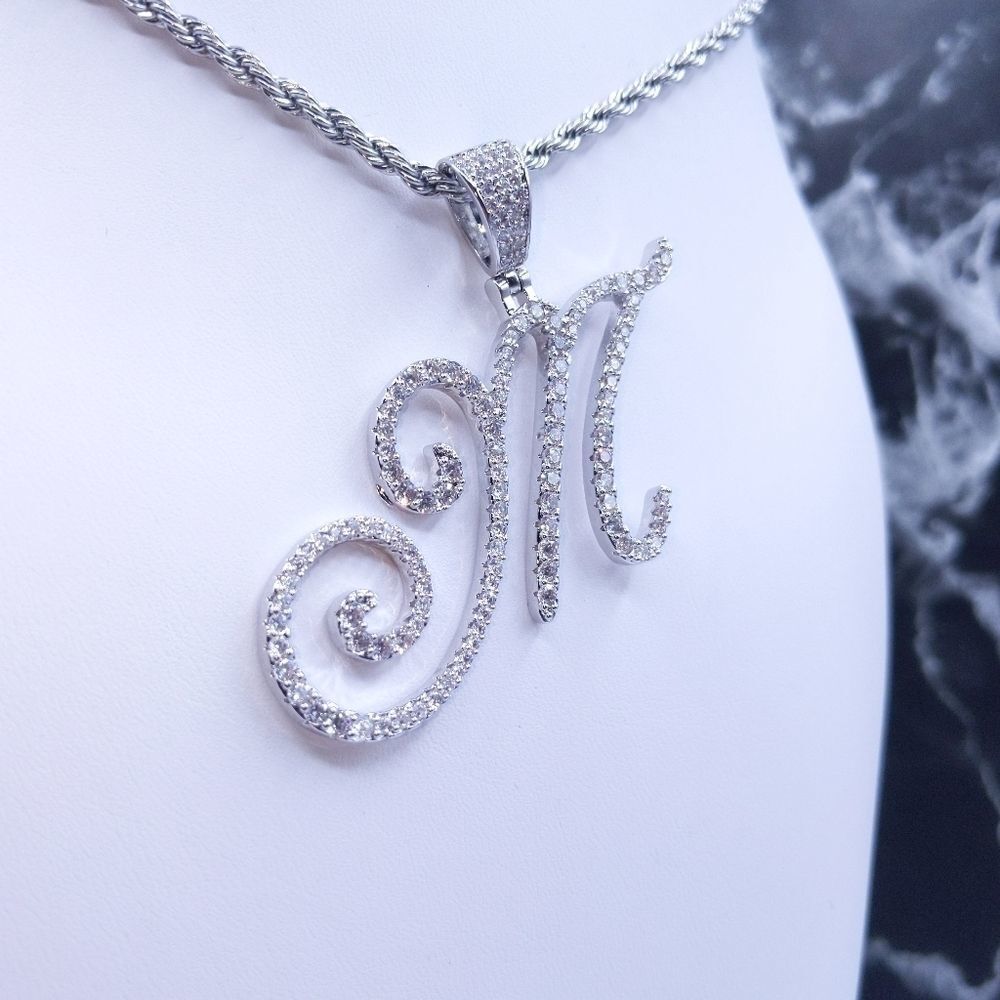 18"Rope Chain - White Finish Cursive Initial M. - image 2